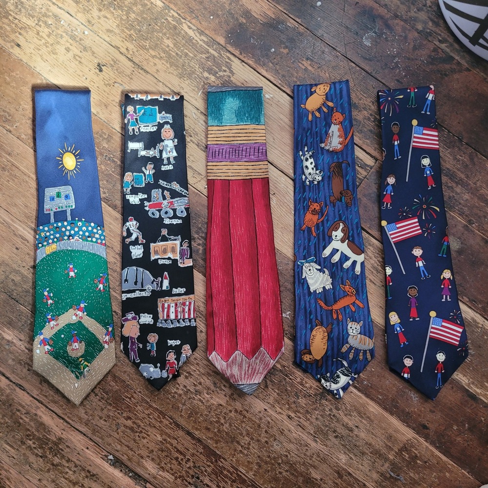 Save the Children Lot of 5 Silk Feel Novelty Ties Baseball Pencil Teacher Art